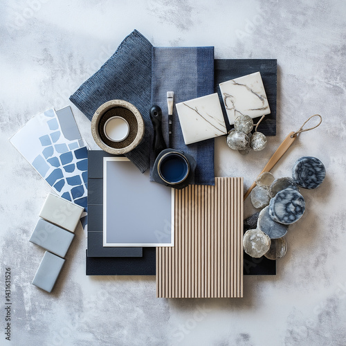 Blue  Gray Interior Design Mood Board Tiles Wood Paint Swatches