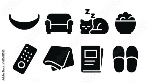Cozy home life icons set – solid style comfort, relaxation, and leisure symbols: hammock, sofa, sleeping cat, snack bowl, remote, blanket, newspaper, slippers.