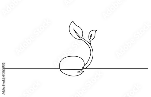 Plant growing continuous one line art drawing of tree plant outline vector illustration. Sprout single line art illustration, continuous line growing sprout. Hand drawn doodle line art plant.