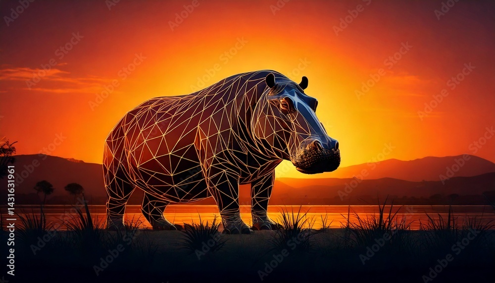 Fototapeta premium Majestic Hippopotamus Silhouette at Sunset African Wildlife Digital Art