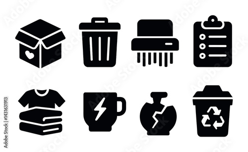 Waste management icons set – solid style recycling, sustainability, and environmental symbols: trash can, shredder, clipboard, recycling bin, clothes, mug, broken vase