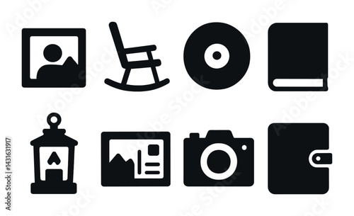Antique and vintage solid icon set – nostalgic 3d home decor, retro lifestyle, and classic design: picture frame, rocking chair, vinyl record, book, lantern, camera, album.