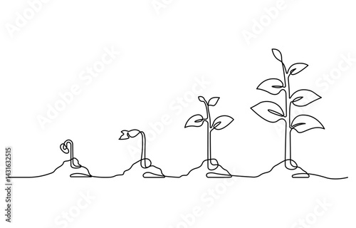 Growth plant processing tree Continuous one line drawing of outline vector icon, Seeds sprouting in the ground. Icons Sprouts, plants, trees are growing , Single line vector illustration.