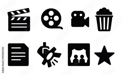 Cinema and movie solid icons set – filled style film production, entertainment, and video symbols for filmmaking: clapperboard, film reel, camera, popcorn, script, spotlight, theatre, star.