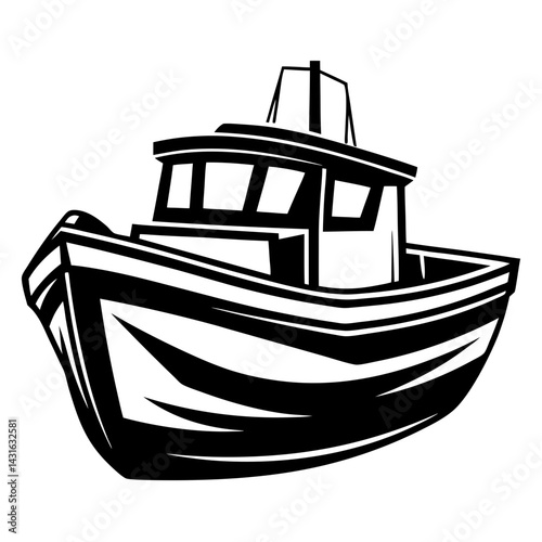 Monochrome illustration of a fishing boat sailing across the open ocean