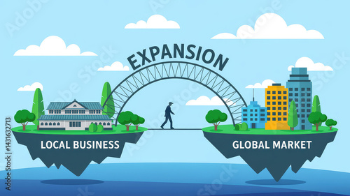Bridging Horizons: A metaphoric representation of a lone individual confidently strides across a bridge, bridging the gap between a local business and the broader global market.