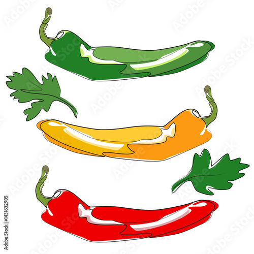 Three Chile peppers. Colorful spicy chili pepper on white background. Print of red, green, yellow paprika. Vegetable drawing. Sprigs of parsley cartoon vector illustration. 