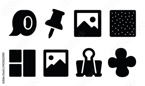 Office supplies icon set – solid style stationery, organization, productivity symbols for workplace essentials: tape, pushpin, photo, binder clip, divider, clover.