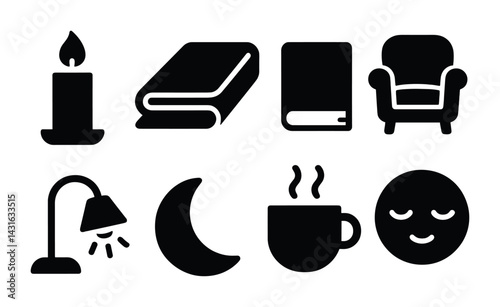 Cozy home comforts icon set – solid style relaxation, hygge, and peace symbols for tranquil living: candle, book, armchair, lamp, moon, coffee, smiley