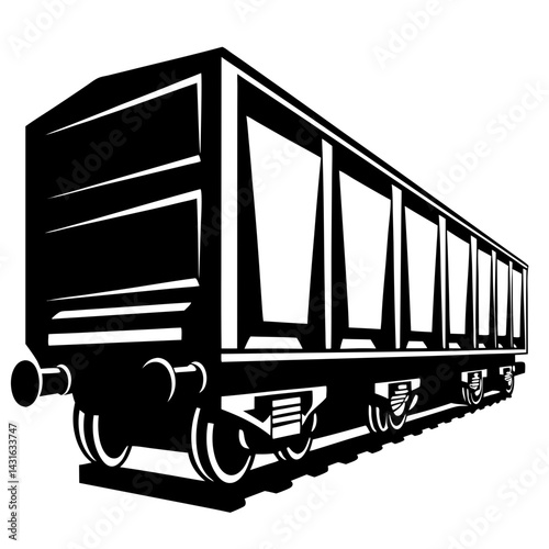 Stylized Black and White Illustration of a Long Gondola Railroad Car
