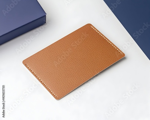 Tan leather card mock-up with stitching on white and blue background