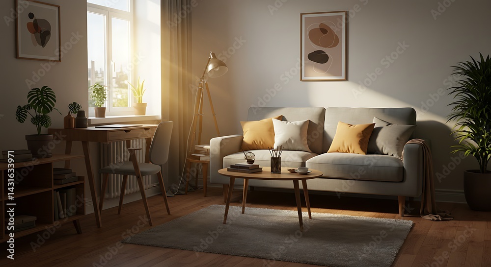 Fototapeta premium Living Room Interior with Sofa Desk and Plants