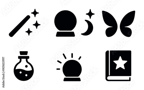 Magic and fantasy solid icons set – flat style wizardry, mystical, and sorcery symbols for enchanting projects: magic wand, crystal ball, potion, moon, wings, spellbook.