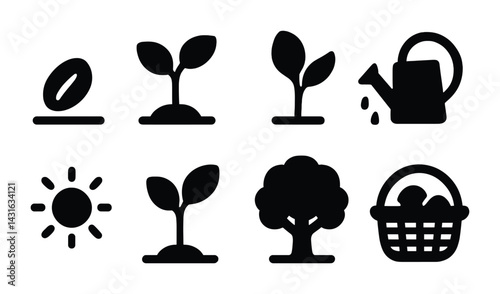 Gardening and farming solid icons set – filled style agriculture, horticulture, and plant symbols for eco-friendly designs: seed, sprout, watering can, sun, tree, basket.