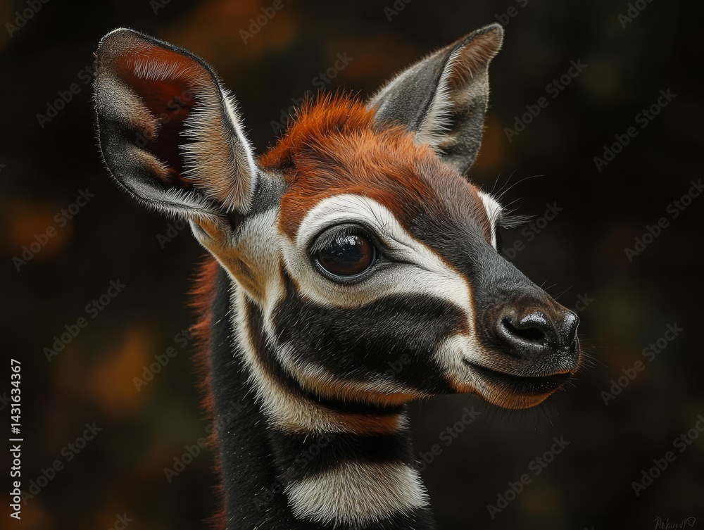 Fototapeta A Portrait of a Young Okapi:  The Unique Beauty and Mysterious Nature of the Forest Giraffe, Exploring its Stripes, Habitat, and Conservation Efforts