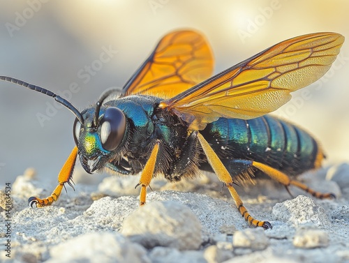 A Striking Golden Digger Wasp Portrait: Iridescent Blue-Green Body, Golden Wings, and Detailed Macro Focus on a Rocky Surface, Showing the Beauty of the Insect World. photo