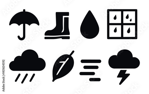 Weather and climate filled icons set – solid style meteorology, forecast, and nature symbols for environmental design: umbrella, boots, raindrop, window, cloud, leaf, storm.
