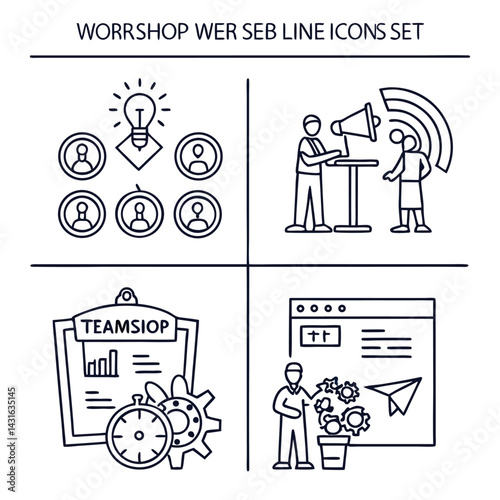 Workshop set of web icons in line style. Business Workshop icons for web and mobile app. Containing team building, teamwork, coaching, meeting, managing, coaching, motivation.