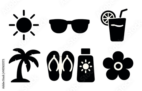 Summer vacation icon set – solid style beach, holiday, and travel symbols perfect for seasonal design: sun, sunglasses, cocktail, palm tree, flip-flops, sunscreen, flower
