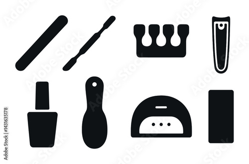 Nail care solid icon set – filled style for salon, beauty, and spa: nail file, bobby pin, toe separator, nail clipper, nail polish, pumice stone, uv lamp, buffer.