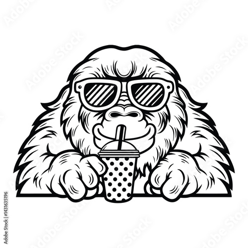 bigfoot drinking boba tea with funky sunglasses