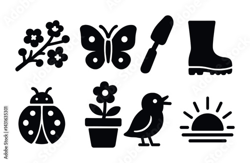 Gardening and nature solid icon set – silhouette style flora and fauna symbols for eco-friendly projects: butterfly, bird, flower pot, ladybug, branch, sunrise, boots.