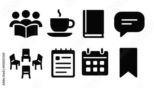 Education and learning solid icons set – flat style study, classroom, and academic symbols for knowledge sharing: group, coffee, book, discussion, chairs, notes, calendar, bookmark.