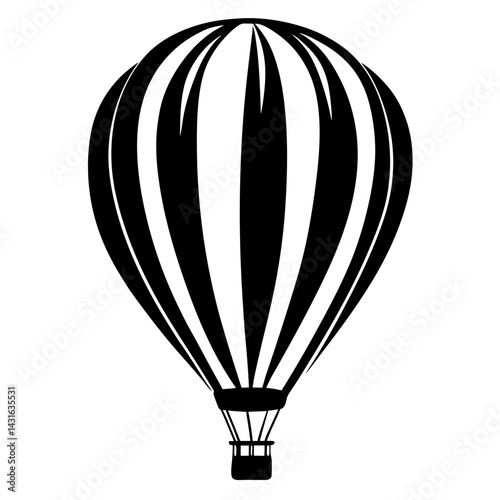 Black and white hot air balloon with basket taking flight upwards