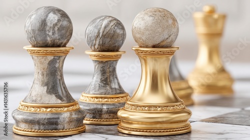 Ornate Gold and Gray Chess Pawns and Queen Close Up