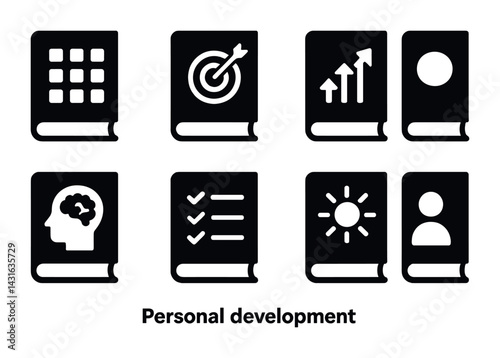 Personal development solid icons set – lifestyle, growth, and self-improvement symbols for motivation: calendar, target, growth chart, checklist, brain, sun, user.