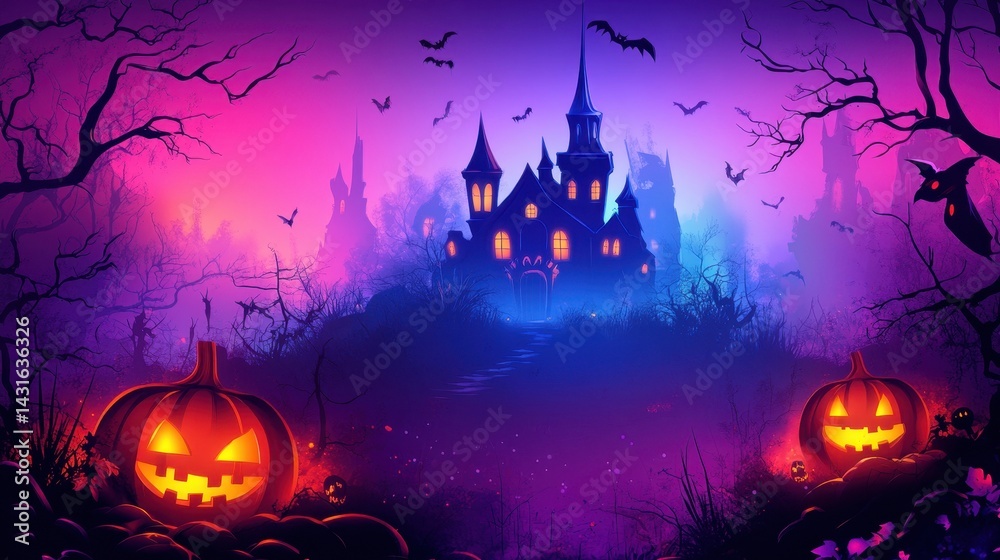 Fototapeta premium Spooky Halloween night scene with glowing pumpkins, bats, and a haunted castle under a purple sky. Perfect for Halloween themes.