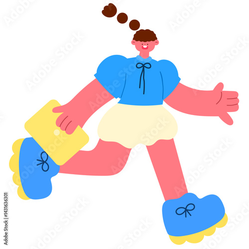 Businesswoman running while holding a laptop, fast-paced work and mobility concept flat vector illustration
