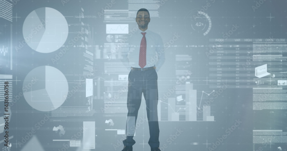 Statistical data processing over african american businessman standing against grey background Statistical data processing over african american businessman standing against grey background