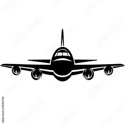 Black and white illustration of a four engine passenger airplane front view