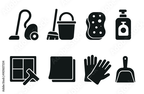 Home cleaning solid icons set – filled style housekeeping, sanitation, and maintenance symbols for domestic organization: vacuum cleaner, mop, bucket, sponge, soap, window, gloves, dustpan.