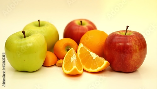 Artful Still Life of Vibrant Green and Red Apples with Peeling Oranges on a Cream-Gradient White Background – Hyper-Realistic Food Photography with Soft Shadows and Fresh, Textured Details