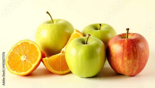 Artful Still Life of Vibrant Green and Red Apples with Peeling Oranges on a Cream-Gradient White Background – Hyper-Realistic Food Photography with Soft Shadows and Fresh, Textured Details