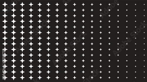 Abstract background with repeated stars in halftone design. Black shape on a White background. Vector illustration.