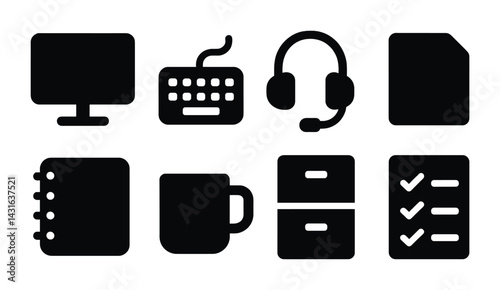 Office essentials solid icon set – silhouette style for productivity and organization: computer, keyboard, headphones, document, notebook, mug, filing cabinet, checklist.