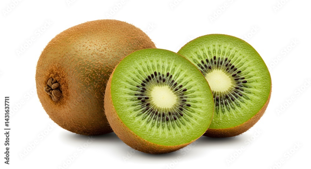 Freshly sliced kiwi fruit, showcasing the vibrant green flesh and tiny seeds in detail. Freshly sliced kiwi fruit, showcasing the vibrant green flesh and tiny seeds in detail.