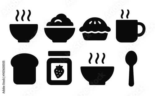 Breakfast essentials solid icons set – silhouette style food and drink symbols for morning meals: coffee cup, cereal bowl, pie, toast, jam jar, spoon, steaming dish.