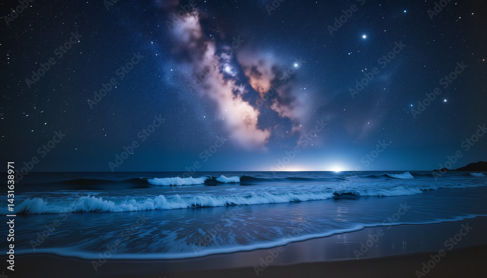 Captivating Milky Way over beach at night, serene tranquility Captivating Milky Way over beach at night, serene tranquility