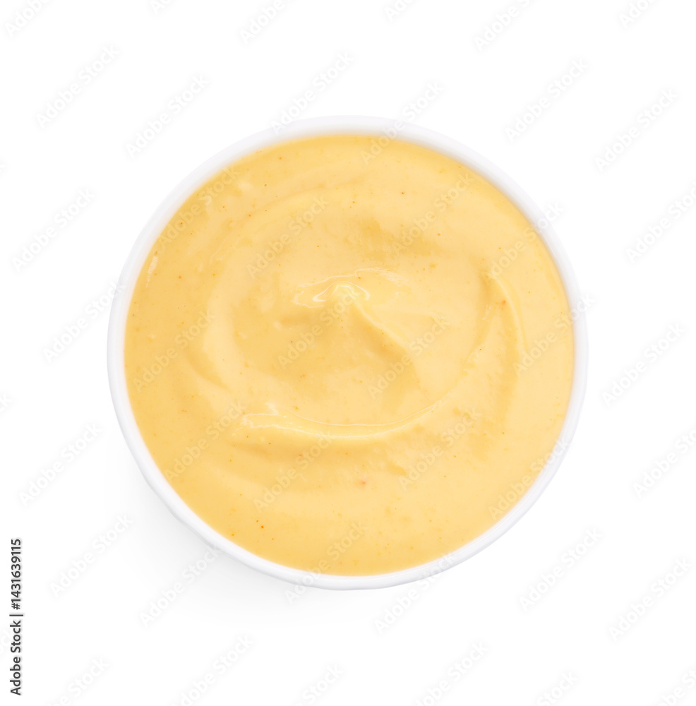 Tasty cheese dipping sauce in bowl isolated on white, top view Tasty cheese dipping sauce in bowl isolated on white, top view