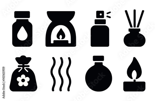 Aromatherapy silhouette icons set – filled style spa, relaxation, and wellness symbols for holistic healing: essential oil bottle, oil burner, diffuser, incense, candle.