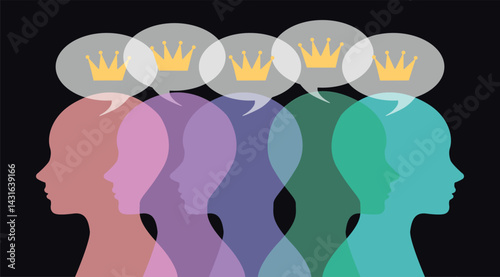 Representation of luxury beliefs through multicolored human silhouettes, each with a crown symbol inside a speech bubble above
