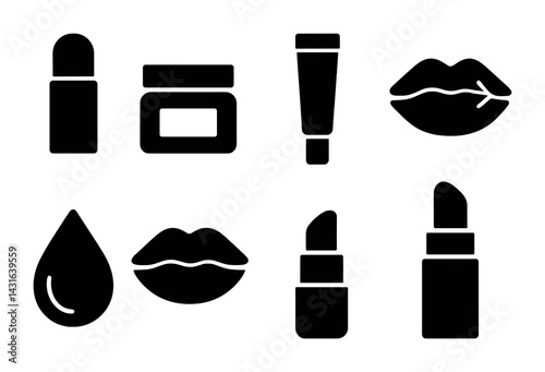 Beauty and cosmetics solid icons set – silhouette style makeup, skincare, and self-care symbols for salon branding: lipstick, lip gloss, cream jar, lip balm, drop, lips.