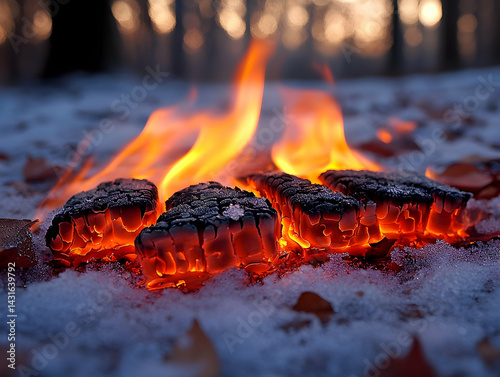 Embers glow intensely amidst snowy ground casting an orange-red light against a blurred forest backdrop