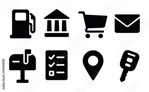 Business and retail solid icon set – filled style commerce, banking, and communication symbols for enterprise solutions: gas pump, bank, shopping cart, envelope, mailbox, checklist.