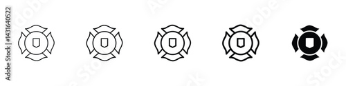 Set of 5 pixel perfect Blank Fire Department badge icon with 1 unexpanded, 1 silhouette, blank fire department badge icon, representing emergency services and firefighter honor in a clean vector form