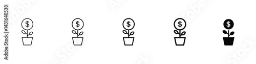 Set of 5 pixel perfect Business Investments growth Icon with 1 unexpanded, 1 silhouette, business investments growth icon, symbolizing financial development and success in a bold vector style